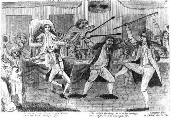 An archival drawing of a brawl in Congress between Lyon and Griswold, Philadelphia, Feb. 15, 1798.