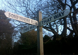 A signpost with a series of signs reading 'somewhere else,' 'this way,' and 'that way.'